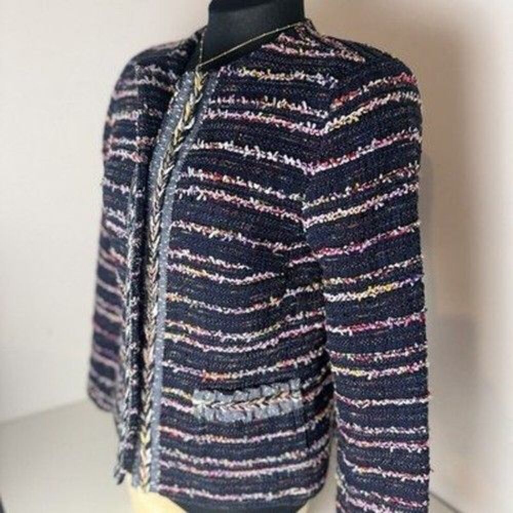 Talbots Jacket Blazer Womens 10P Petite Navy Blue Boucle Fringe Y2K Granny 80s
